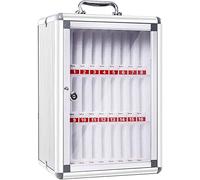 Organizer tascabile in alluminio per telefoni cellulari, design trasparente, maniglia portatile, serratura a chiave ed etichette scrivibili, argento, 24 scomparti