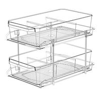 Organizer trasparente a 2 ripiani con divisori per armadietto/bancone, contenitore multiuso scorrevole, per cucina, dispensa, armadietto dei medicinali, bagno, trucco, vassoio portaoggetti sotto il