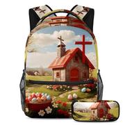 Organizzati per la scuola, set di 2 zaini per ragazzi, ragazze e adolescenti, borsa da viaggio alla moda, casa con croce pasquale rossa, Multicolore, B：29.4x20x40cm P：19x7.5x3.8cm, Zaini Daypack