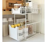 Organizzatore a 2 Ripiani con Cassetto Portaoggetti Sotto il Lavandino Scorrevole Cestino Estraibile Portaspezie Organizer per Snack per Cucina Bagno Camera da Letto,Bianco-1PC