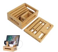 Organizzatore Bambù Multi-Dispositivi - Porta Estuche AirPods, Supporto Smartphone E Tablet, Scatola Nascondi Cavi Con Coperchio, Base Antiscivante, Senza Caricatore, Per Scrivania, Design Naturale