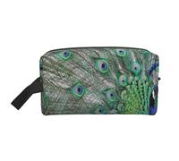 Organizzatore cosmetico di grande capacità, borsa da viaggio per il trucco da donna, con piume di pavone che mostrano le ali aperte.