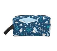 Organizzatore cosmetico di grande capacità, borsa da viaggio per il trucco da donna, con squalo sorridente, animali marini, pesci e stelle marine, blu