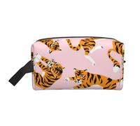 Organizzatore cosmetico di grande capacità, borsa da viaggio per il trucco da donna, con tigri carine su sfondo rosa e animali da circo.