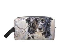 Organizzatore cosmetico di grande capacità, borsa da viaggio per il trucco da donna, motivo: Border Collie, inverno, bianco neve e nero.