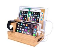 Organizzatore da tavolo in legno di bambù Caricatore Docking Station Supporto Culla Compatibile con iPhone 15 14 13 12 11 Pro Max iPad Air Mini Apple Watch 2 3 4 / iWatch 38 e 42 mm Smartphone Tablet