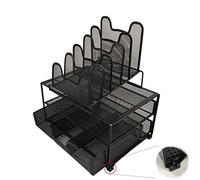 Organizzatore da tavolo in rete metallica nera. ROBUSTO con piedini Antiscivolo e Antigraffio. Design ELEGANTE. Cassetto per forniture per ufficio. 1 vassoio orizzontale e 5 sezioni verticali