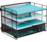 Organizzatore da ufficio per scrivania, Organizer con 4 ripiani e cassetto scorrevole per riporre oggetti da lavoro, cartelline, penne, matite. Organizzatori da scrivania neri per casa o ufficio