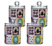 Organizzatore per alimenti in plastica trasparente con coperchio, motivo leone, tigri e cuori, con coperchio, per riporre cotton fioc, cotton fioc, graffette, fermagli per capelli, confezione da 4