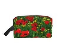 Organizzatore per cosmetici di grande capacità, borsa da viaggio per il trucco da donna, stampa di paesaggio di campo di papaveri rossi, fattoria, prato.