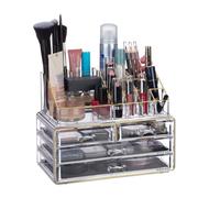 Relaxdays Organizer Make-up, Contenitore con Porta-Rossetti 4 Cassetti Acrilico Beauty Box Salvaspazio, Trasparente Rosa, Righe Rosa, 19 x 24 x 13,5 cm