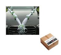 Organza M + CUORI - Decorazioni per auto, nastro in organza + cuori ornamentali, per sposi, matrimoni (argento/bianco/bianco)