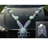 Organza M + fiocco per auto, coppia di rose, decorazione per auto, matrimonio, auto, matrimonio, decorazione Ratan, ghirlande per autoveicoli (bianco bianco)