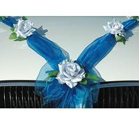 Organza M, gioielli per auto, coppia di rose, decorazione per auto, matrimonio, auto, matrimonio, decorazione per auto (argento/blu)