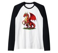 Orgoglioso Drago Rosso con Una Palla da Rugby Maglia con Maniche Raglan