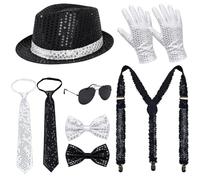 Orgoue Accessori del costume della discoteca degli anni '70 e '80, insieme | Pop Star Outfits con paillettes Fedora Hat Glitter Stage Glove Papillon Occhiali da sole per Halloween Theme Party