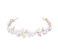Oriamour Cerchietto per capelli da sposa con fiori in ceramica per donne e ragazze, fascia con perle e foglie (oro)