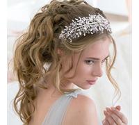 Oriamour Cerchietto per capelli da sposa con strass, fatto a mano, con foglie, accessorio per capelli da sposa (argento)