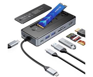 ORICO 8-in-1 USB C Docking Station con Case SSD M.2, USB C Hub per SSD M.2 NVMe/SATA, 10Gbps, 4K@60Hz HDMI, 100W PD, Lettore di Schede SD/TF, Lunghezza del Cavo 15 cm - OM28P