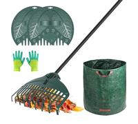 ORIENTOOLS Set di rastrelli da giardino, con rastrello leggero a doppio dente da 160 cm, paletta per foglie, guanti e borsa da giardino, per la cura del prato e la pulizia delle foglie