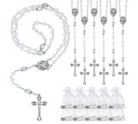 ORIGACH 24 pezzi di perle bianche cattoliche rosario con ciondolo a forma di "Nostra Signora di Maria" e croce ciondolo in sacchetti di organza (confezione grande), regali religiosi per la prima