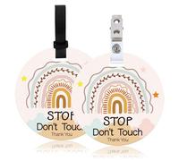 ORIGACH Confezione da 2 targhette per passeggino con scritta "No Touching", motivo arcobaleno bohémien, con scritta "Stop Touching" per seggiolino auto, con cinghie e clip, segnale di sicurezza per
