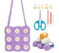 ORIGACH Kit fai da te Daisy Crochet Bag per principianti adulti, kit di borse quadrate all'uncinetto con tutorial video di istruzioni, kit per imparare a lavorare all'uncinetto per principianti, viola