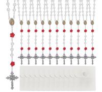 ORIGACH Rosario cattolico con perline bianche e rosse a forma di rosa, rosario con ciondolo a forma di crocifisso Madonna di Guadalupe, con sacchetti per gioielli, regali religiosi per la prima