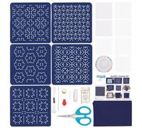 ORIGACH Set di 5 sottobicchieri Sashiko, kit da cucito tradizionale giapponese, kit di sottobicchieri fatti a mano con filo, ago e cinque diversi disegni su tessuto blu navy