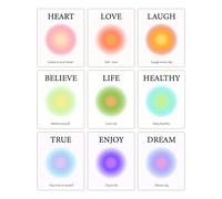 ORIGACH Set di 9 poster con aura positiva per stanza, estetici e colorati, 20 x 25 cm, motivo cuore, amore, risata, credere, vita, stampe su tela senza cornice, per bagno, camera da letto, decorazione