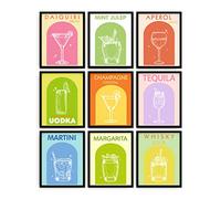 ORIGACH Set di 9 stampe artistiche da parete colorate con calici da vino, con acquerello, alcol, cocktail, su tela, per camera da letto, soggiorno, bagno, decorazione (20,3 x 25,4 cm, senza cornice)
