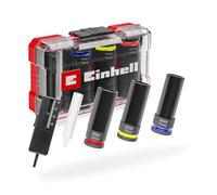 Set di bussole originali Einhell 5 pezzi (3 bussole da 80 mm, acciaio CrMo, manicotto in plastica, misuratore di profondità del battistrada, gesso per pneumatici, M-CASE, per cerchi in lega leggera)