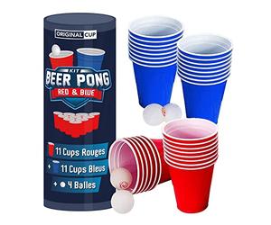 OriginalCup® Kit Ufficiale Beer Pong Originale | Set Bicchieri di plastica riutilizzabili + 4 Palline | 22 Tazze (11 Rosse e 11 Blu)
