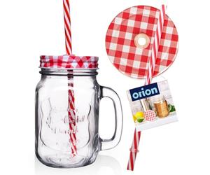 orion group Bicchiere in vetro con coperchio e cannuccia, 450 ml