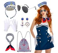 Orizizhic 6 pezzi costume da marinaio da donna, cappello da marinaio, sciarpa, guanti bianchi, strisce blu, borsa da sole, orecchini da donna, per yacht, feste, cosplay, carnevale
