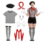 Orizizhic Set di costumi francesi, da uomo e da donna, camicia a righe, berretto francese, sciarpa, adesivi per il viso, calze, guanti, pantaloni, bretelle, per Halloween, Giornata mondiale del libro