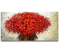 Orlco Art - Dipinto a mano con petali di ciliegio blu e albero blu, grande, arte astratta da parete, tavolozza per pittura a olio su tela, Tela, Red Flower, 24x48inch (60x120cm) With The Frame