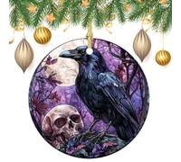 Ornamenti da appendere all'albero di Natale di Halloween con corvo e teschio, 2 pezzi, 7,2 cm, rotondi su entrambi i lati