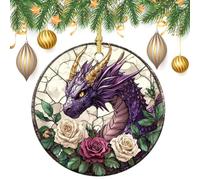 Ornamenti da appendere all'albero di Natale in vetro colorato viola a forma di drago fantasy, 2 pezzi, 7,2 cm, rotondi su entrambi i lati