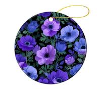 Ornamenti da appendere all'albero di Natale viola con foglie verdi e anemoni di lavanda, 2 pezzi, 7,2 cm, rotondi su entrambi i lati