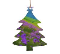Ornamenti di Natale a forma di albero di Natale in legno - Natura fiori viola prato montagna stampa scenica albero di Natale decorazione da appendere con fiocchi di neve e forme di Babbo Natale