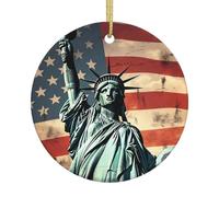 Ornamenti natalizi 2025 Statua della Libertà Bandiera americana Ornamenti per decorazioni per albero di Natale Decorazioni rotonde in ceramica da appendere Artigianato Pendenti Ornamento da appendere