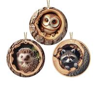 Ornamenti Natalizi con Animali - 3 Pezzi Ciondoli con Animali Nel Buco Allbero per Albero di Natale, Decor Allbero di Natale Fauna Selvatica Acrilico 2D, Bombonieres per Feste di N-atale per Bambini