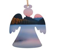 Ornamenti natalizi in legno a forma di angelo, con stampa di lago sotto il tramonto, decorazione per la casa, albero di Natale, ufficio, camino, decorazione per feste