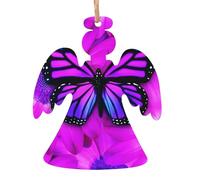 Ornamenti natalizi in legno a forma di angelo, decorazioni da appendere all'albero di Natale con stampa di farfalle e fiori viola con forme di Babbo Natale, angelo, campana e pupazzo di neve