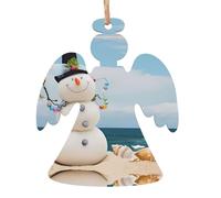 Ornamenti natalizi in legno a forma di angelo, pupazzo di neve con conchiglie seduto sulla spiaggia sabbiosa (1) stampa albero di Natale appeso per casa, ufficio, camino - decorazione per feste