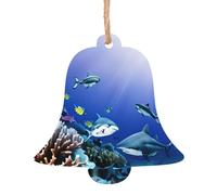 Ornamenti natalizi in legno a forma di campana, squalo che nuota sotto il mare, decorazione da appendere all'albero di Natale con fiocchi di neve e forme di Babbo Natale