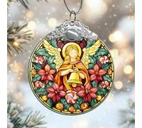 Ornamenti natalizi in vetro a forma di angelo, con stella di Natale e campana, regalo rosso, da appendere, decorazione per casa, albero, camino, parete, finestra, porta, parete, 7,6 x 7,6 cm