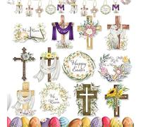Ornamenti pasquali religiosi per albero | 24 decorazioni pasquali religiose con ornamenti pendenti inclusi | Decorazione in legno con ritagli di legno per crocifissione cristiana per le vacanze