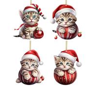 Ornamenti per gatti di Natale - Cartello natalizio con gatto 2D | Decorazione per albero di Natale con gattino da 4 pezzi | Decorazione natalizia da appendere con animali | Ciondolo natalizio c